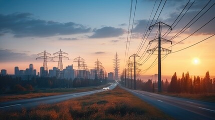 Silhouette of High-voltage power lines and high-voltage towers at sunset with the city in background. Electric energy concept.