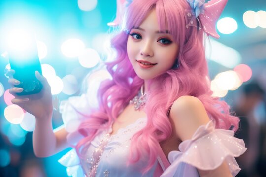 Japanese women anime cosplay like a cartoon character in comicbook story. Generative AI.