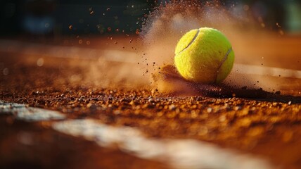 A tennis ball hitting the corner line on a clay court, with a cloud of dust rising