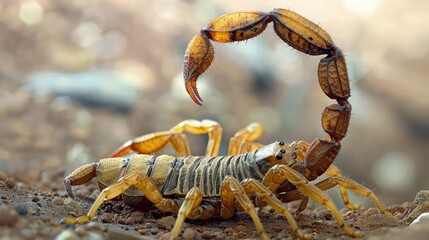 A diseased scorpion with its stinger raised, its normally sleek exoskeleton marred by lesions and discoloration - obrazy, fototapety, plakaty