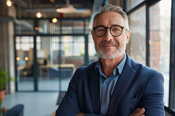 Fototapeta premium A portrait of a confident senior businessman in a modern office setting, facing the camera with a smile