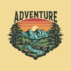 Vintage style mountain, river, camp, tree with the text "adventure" and white colour background for t-shirt design, vibrant, illustration, cinematic