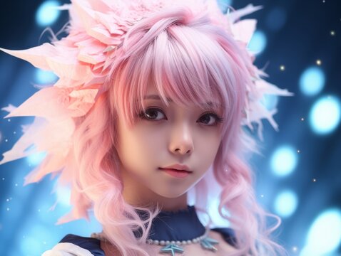 Japanese women anime cosplay like a cartoon character in comicbook story. Generative AI.