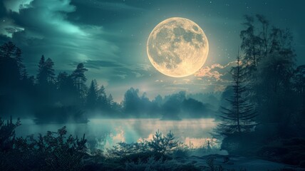 Bright moon illuminating a dark, dense forest, signifying hope - obrazy, fototapety, plakaty