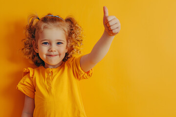 A young child giving a thumbs up, set against a bright yellow background - obrazy, fototapety, plakaty