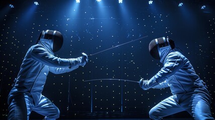 A fencing duel showing a fencer scoring a hit, with the tip of the sword illuminated - Powered by Adobe