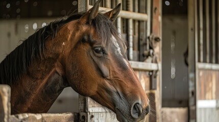 A horse with a drooping head and lackluster coat, showing signs of equine influenza or fever. It stands lethargically in its stall