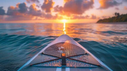 A paddleboard and paddle on a calm beach with the sunrise - obrazy, fototapety, plakaty
