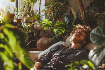 A ginger man sleeping on a couch in a room full of plants, relaxation and calm sunshine
