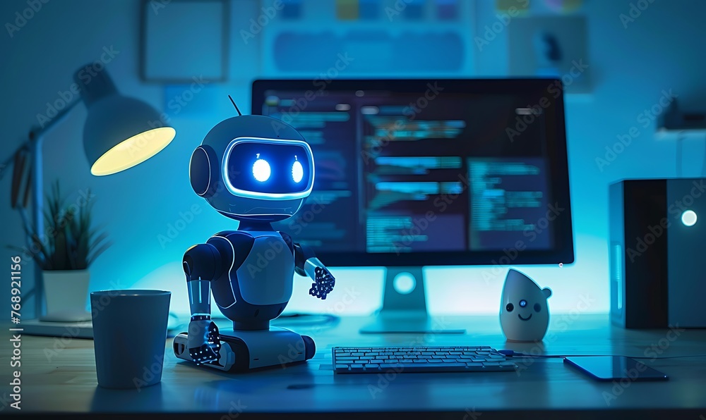 Aufkleber On the computer screen, an image of a chatbot is shown, symbolizing interaction with the AI assistant