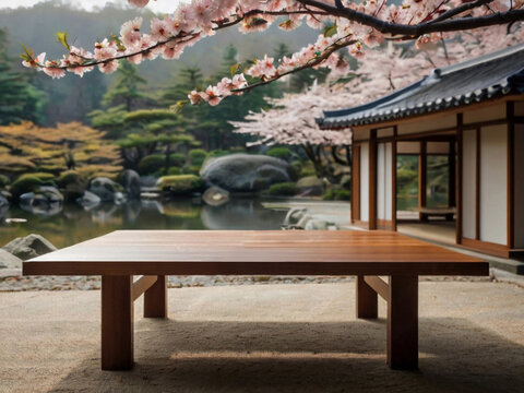 Sakura serenity. A background photo with empty table and japanese garden. Concept display for product presentation. Spring and summer.