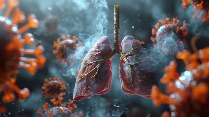 Human lungs under attack from floating viruses - obrazy, fototapety, plakaty