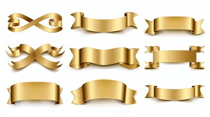 Set of gold banner label ribbons with white background. Generated by artificial intelligence.
