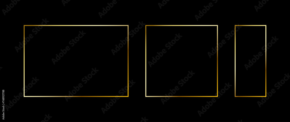 Poster Set of golden thin frames. Gold geometric borders in art deco style. Thin linear square and rectangle collection. Yellow glowing shiny boarder element pack. Vector bundle for photo, cadre, decor