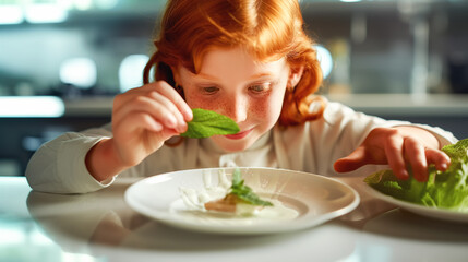 Young Girl Chef Perfecting Gourmet Dish in Professional Kitchen. Profession choice concept.