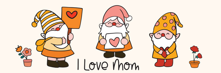 Line art Gnome tells mom I love you, Mother's Day, greeting cards, flowers, hand drawn illustrations