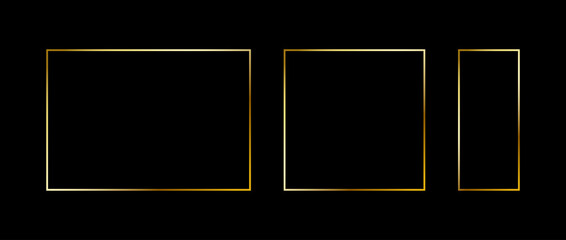 Set of golden thin frames. Gold geometric borders in art deco style. Thin linear square and rectangle collection. Yellow glowing shiny boarder element pack. Vector bundle for photo, cadre, decor - obrazy, fototapety, plakaty