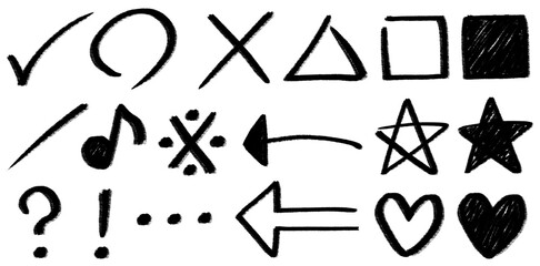 手書きサインペン風の記号セット (チェックマーク、丸、バツ、三角、四角、斜線、音符、米印、矢印、星、エクスクラメーションマーク、クエスチョンマーク、三点リーダー、ハート)