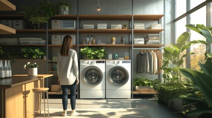 Laundry Day Bliss, young woman engages with her eco-friendly laundry routine in a bright, plant-filled utility room, enjoying the domestic simplicity. - obrazy, fototapety, plakaty