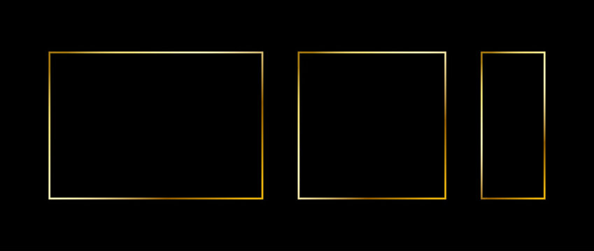 Set of golden thin frames. Gold geometric borders in art deco style. Thin linear square and rectangle collection. Yellow glowing shiny boarder element pack. Vector bundle for photo, cadre, decor