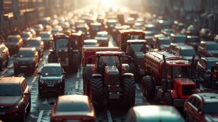 "Urban Gridlock Surprise,  Tractors incongruously mingle with cars in a city traffic jam, capturing a moment of unexpected rural intrusion into urban life.