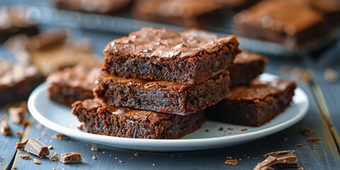 Decadent chocolate brownies stacked high with a backdrop of chocolate pieces