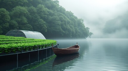 Misty Lake with Rowboat and Greenhouse, rowboat rests by a tranquil lake, shrouded in mist, beside...
