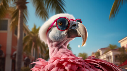 A pink bird with sunglasses on its head. The bird is wearing a pink hat and has a pink beak. The image has a playful and whimsical mood, as the bird is dressed up in human-like clothing