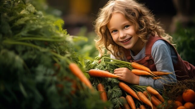 A young girl is holding a bunch of carrots in her hands