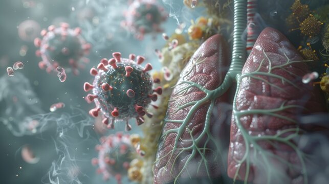 Digital art of lungs amidst a swarm of vivid viruses