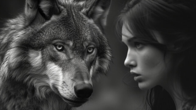 A woman stands in front of a wolf. The wolf has a menacing look on its face. The woman is looking at the wolf with a mixture of fear and curiosity. Concept of danger and the unknown