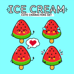 Funny cute happy Ice cream characters bundle set. Vector hand drawn doodle style cartoon character illustration. Isolated on blue background. Ice cream sundae mascot character collection