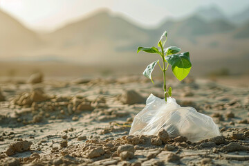 A green plant emerging from a plastic bag in a desert, highlighting environmental concerns
