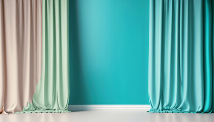 The vibrant interplay of colors and patterns with these beautifully designed curtains against colorful walls, adding a touch of elegance to the interior. - obrazy, fototapety, plakaty