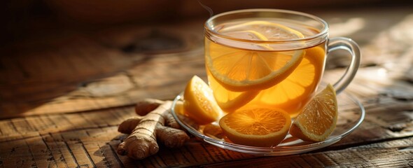 A cup of tea with lemon slices and ginger on a saucer on a wooden table