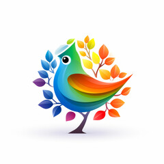 A colorful bird is perched on a tree with leaves of different colors. The bird is surrounded by a tree with leaves of various colors, creating a vibrant and lively scene. Concept of joy and happiness