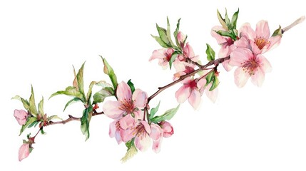 watercolor illustration of blooming peach tree branch, isolated on white background