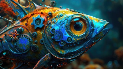 cute big colorful fish with big eyes, blue and yellow colors, a lot of different gear machinery inside, visible from outside