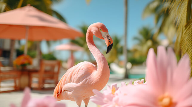 A flamingo is standing in front of a pink flower. The scene is set in a tropical location with palm trees and umbrellas. The flamingo is the main focus of the image, and the pink flowers
