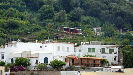 Funicular Train at Hill of Capri Island Italy Summer Day - obrazy, fototapety, plakaty