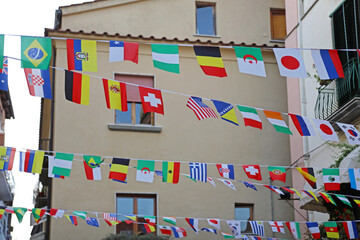 World Flags International Festival Decoration Over Streets in Town