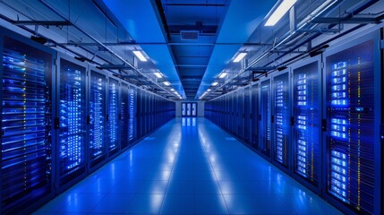 Obraz premium Blue server cabinets in a clean and organized data center.