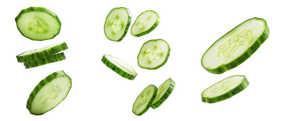 Set of Falling cucumber slice isolated on white background, clipping path, full depth of field