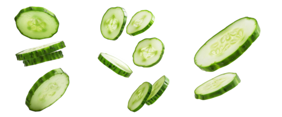 Set of Falling cucumber slice isolated on white background, clipping path, full depth of field