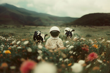 astronaut in the field with cows