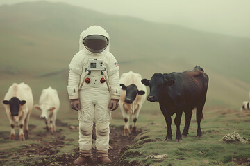 astronaut in the field with cows