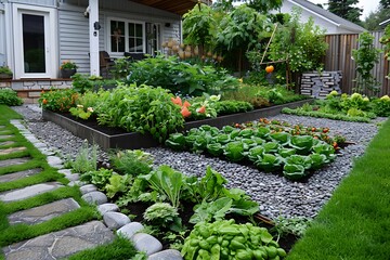 A garden with a variety of vegetables including lettuce, carrots, and squash - obrazy, fototapety, plakaty
