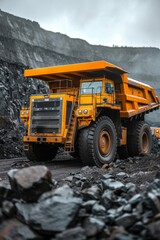 Big yellow mining truck operating in open pit coal mine quarry for extractive industry