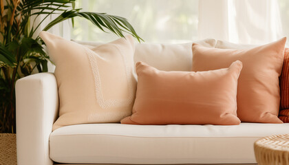 Soft neutralcolored throw pillows on a white sectional sofa with a potted palm plant in the background