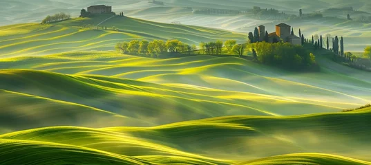 Poster Tranquil misty landscape of lush green hills with a winding dirt path through the serene scenery © Andrei